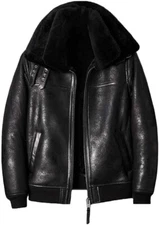 Mens Black Aviator Bomber Jacket Flight Genuine Leather Short Shearling Fur Coat