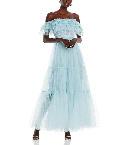 BCBGMAXAZRIA schulterfreies Damen-Abendkleid blau Stufen, Größe 2 - Bild 1 von 2