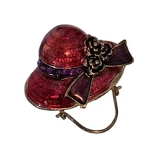 Vintage Red Hat Society Enamel Golden Brooch Pin Red & Purple
