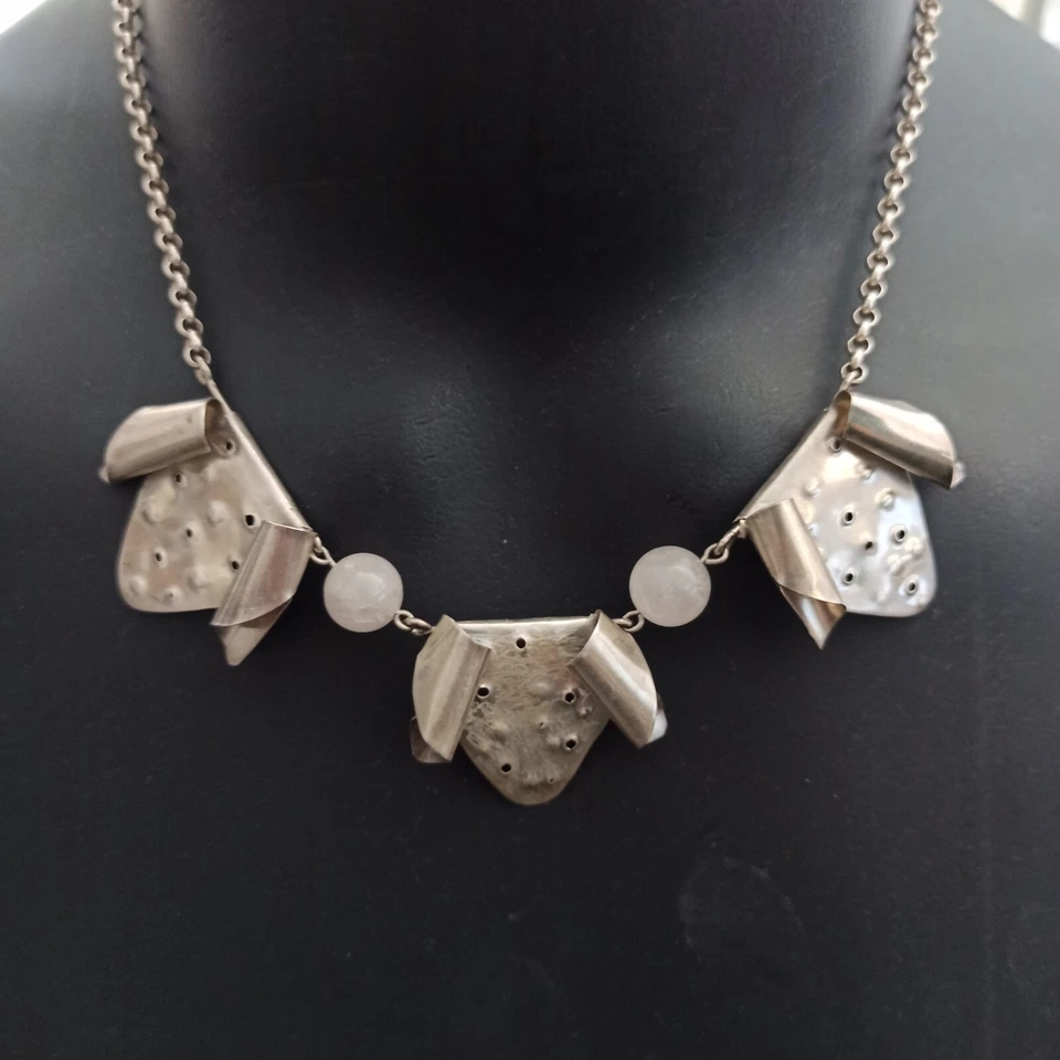 Handmade Silver Necklace Brutalist Modernist Sculptural OOAK Pink Stone 925 Gift - Image 4 of 4