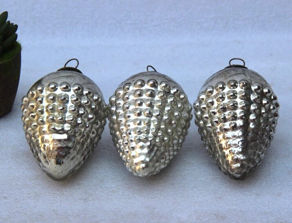  Bolas/adorno de vidrio alemán pesado original de plata de 5"" vintage de 3 piezas Foto 3 de 4