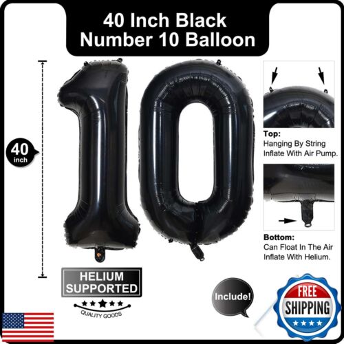Lovoir 40 Inch Black Number Balloon 10 Large Size Jumbo Digit Mylar Foil Heli - Picture 2 of 5