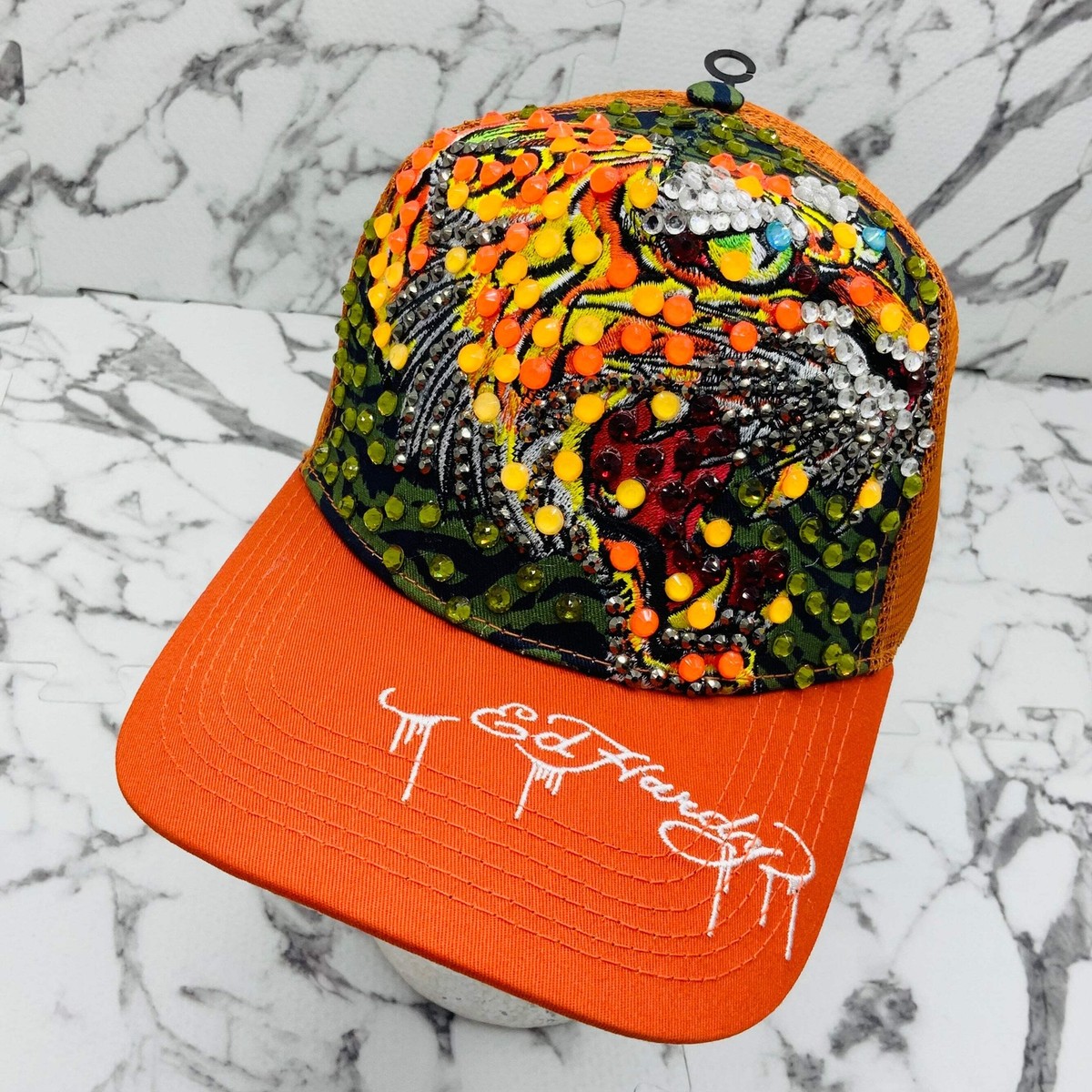 Men's Ed Hardy Tiger Orange | Multicolor Rhinestone Trucker Hat