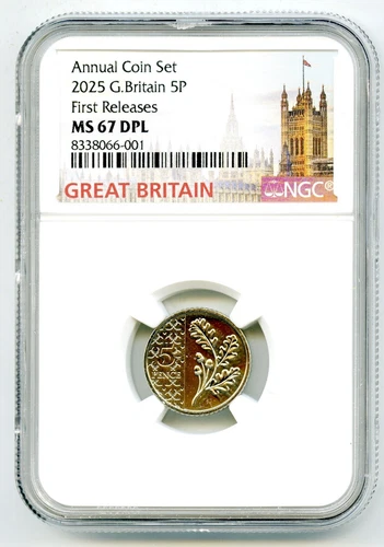 2025 GREAT BRITAIN 5P UNC NGC MS67 DPL OAK LEAF 5 PENCE FIRST RELEASES