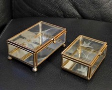 Set of 2 Vintage square mirrored etched beveled glass  brass trinket boxes