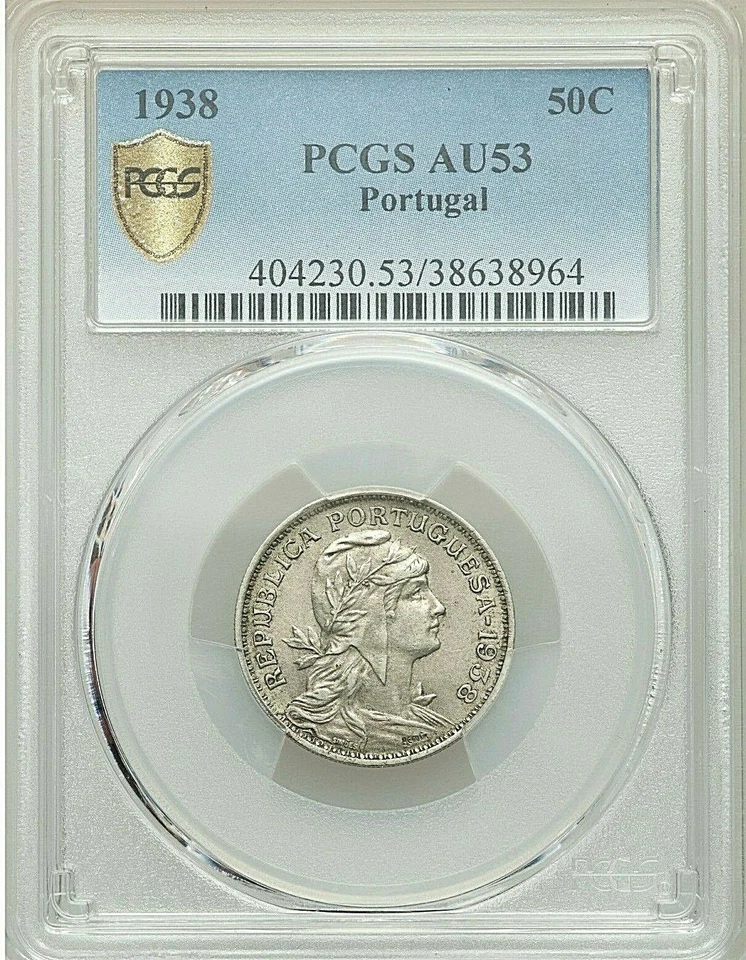 1938 PORTUGAL REPUBLIC COPPER-NICKEL 50 CENTAVOS PCGS AU-53 KM577 RARE KEY DATE - Image 3 of 4