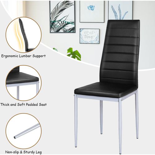 Set of 2 Modern Dining Chairs - Black Faux Leather – High Back Soft, Chrome Legs - Picture 2 of 6