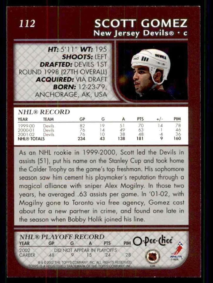 2002-03 O-Pee-Chee Scott Gomez #112 - Image 2 of 2