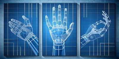 Blaupause einer Roboter Hand 3er Set Kunst Triptychon Leinwand / Poster