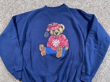 VTG 90s Winter Teddy Bear Motif Sweatshirt Adult Large Blue Raglan Sleeves 50/50