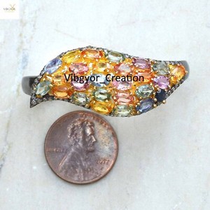 Authentic Pave Diamond Multi Gemstone Ring 925 Sterling Silver Gold Plated Two Finger Ring