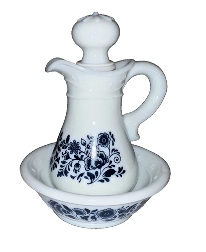 Avon Delft Blue Milk Glass Stoppered Pitcher and Basin Vintage