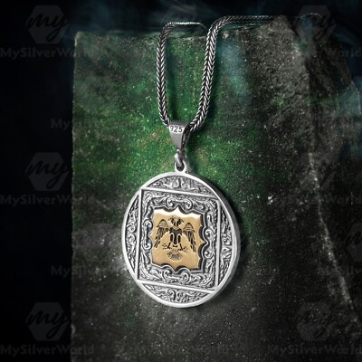 925 Sterling Silver Double Headed Seljuks Eagle Men's Necklace