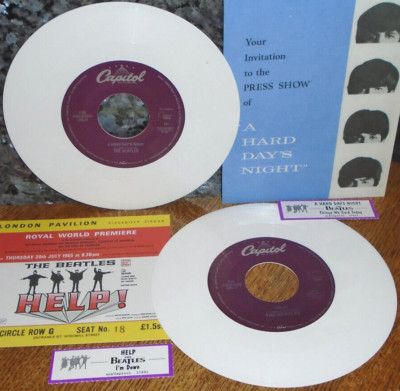 ~ONLY 20K MADE! 2 MINT BEATLES WHITE WAX HELP & HARD DAY'S NIGHT 45s w/PREMIUMS~