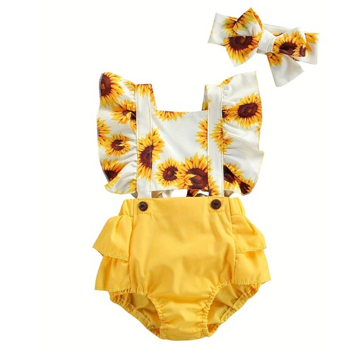 Infant Baby Girls Floral Romper Ruffled Sleeve Jumpsuit Clothes+Headband Outfits - Picture 10 of 10