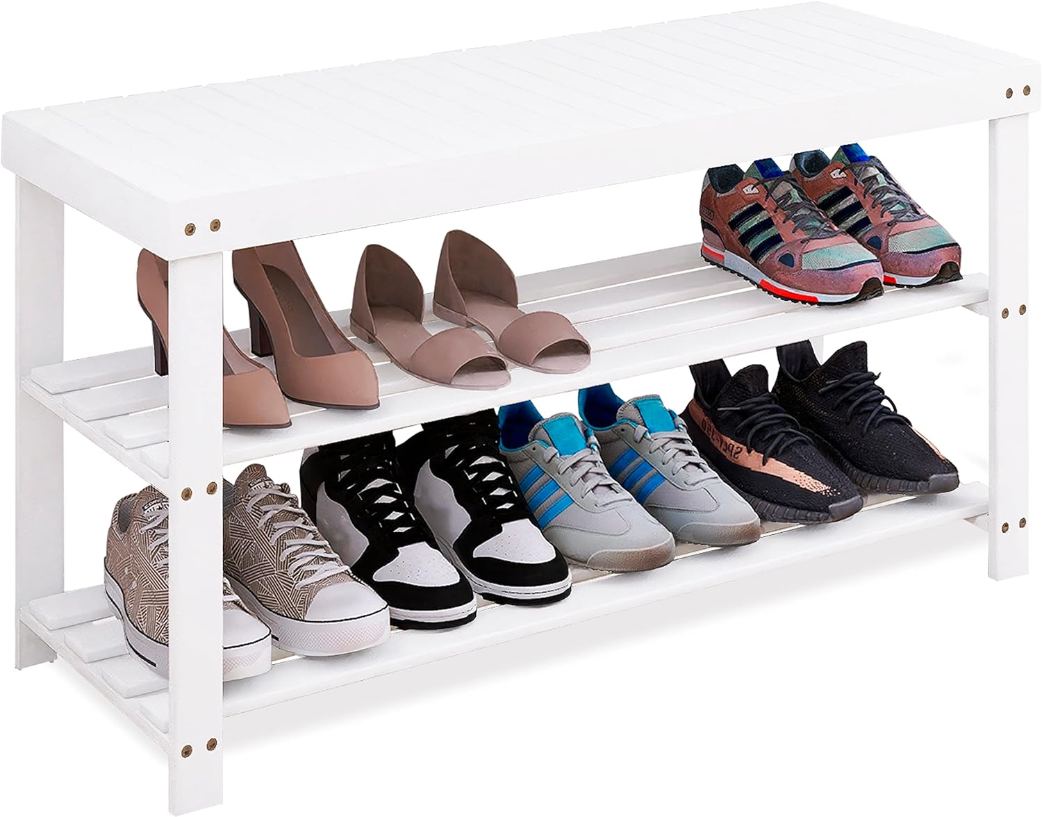 3-Tier White Bamboo Shoe Rack Bench with Storage Shelf for Entryway  -image