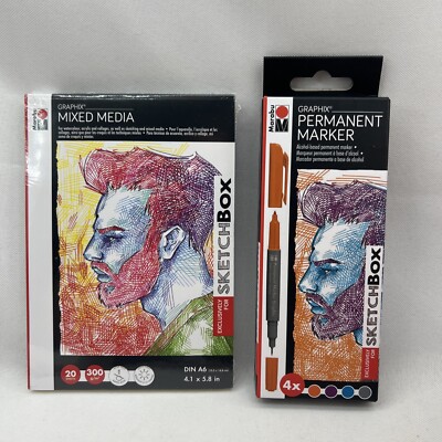 Marabu Graphix Permanent Marker Set of 4 + Mixed Media Paper for Sketch Box NEW