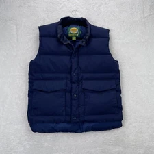 VTG Cabelas Vest Mens Medium Blue Goose Down Puffer Parka Mock Snap Hiking