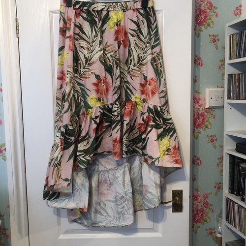Asos Pink Floral Drop Back Elasticated Waist Skirt S14 Frilled Hem Summery - Picture 14 of 14