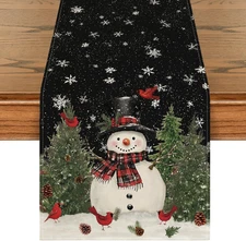 Snowman Birds Trees Christmas Table Runner, Seasonal Black Winter Holiday Kitche