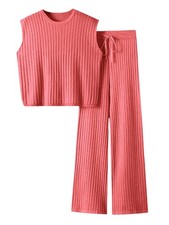 Womens 2 Piece Outfits Sweater Sets Knit Summer Casual Crewneck Sleeveless To...