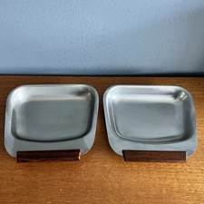 Pair Of Old Hall Stainless Steel Tray Plates With Wooden Handles Retro