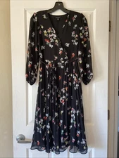 Ann Taylor Black Floral Flower Wrap Top Pleated Skirt Vneck Dress 00P 00 Petites