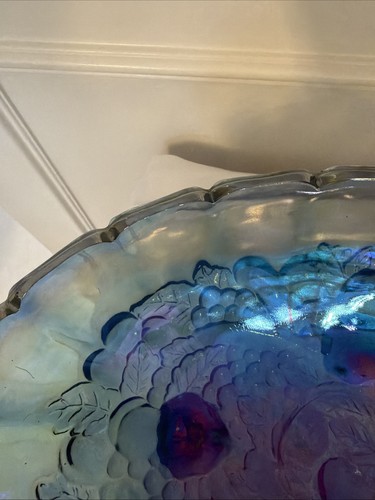 Carnival Glas Indiana Ernte Traube schillernd blau oval Obstschale mit Fuß 12" - Bild 8 von 22