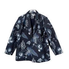 Chico  s NWT Sz 3 Floral Jacquard Blue Classic Fit Pockets Collared Blazer Jacket