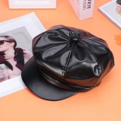 Bonnet D'hiver En Cuir Béret Chapeau Octogonal Français Casquettes Unisexes - Photo 1/4