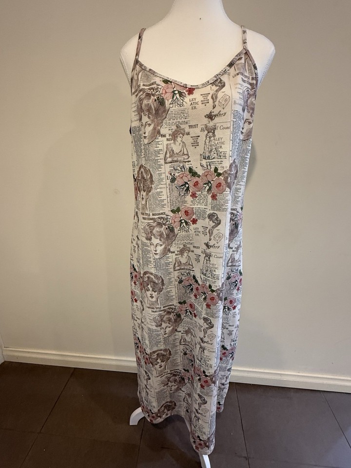 Valleygirl Newspaper Print Maxi Dress Size XL Floral Slip Dress Y2K Style