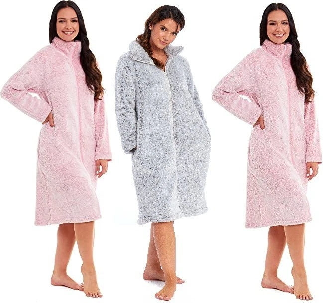 BRANDED Collared Full ZIP UP Ladies Soft Cosy Fluffy Bathrobe Dressing Gown Fleece hood