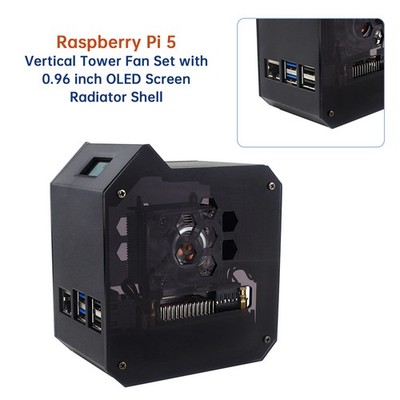 Raspberry Pi 5 Vertical Tower Fan Set with 0.96inch OLED Screen Radiator Shell