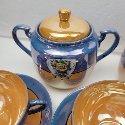 Vtg 17 Pc Japan Lusterware Tea Set Peach &Blue With Chevron See Pics 4 Place Set - Picture 7 of 15