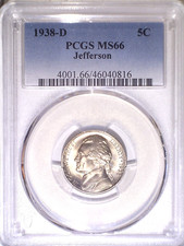 1938-D PCGS MS66 Jefferson Nickel - 5C - Five Cents - Fading Blue/NFC Holder
