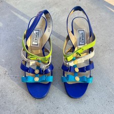 Versace | Auth Vintage Marine Blue Lime Green Versace Logo Strappy Heels (36.5)