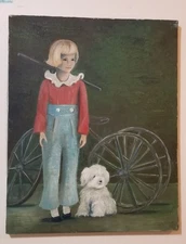 Antique Primitive Folk Art Painting on Canvas  Girl, Tricycle And Dog, Signed 