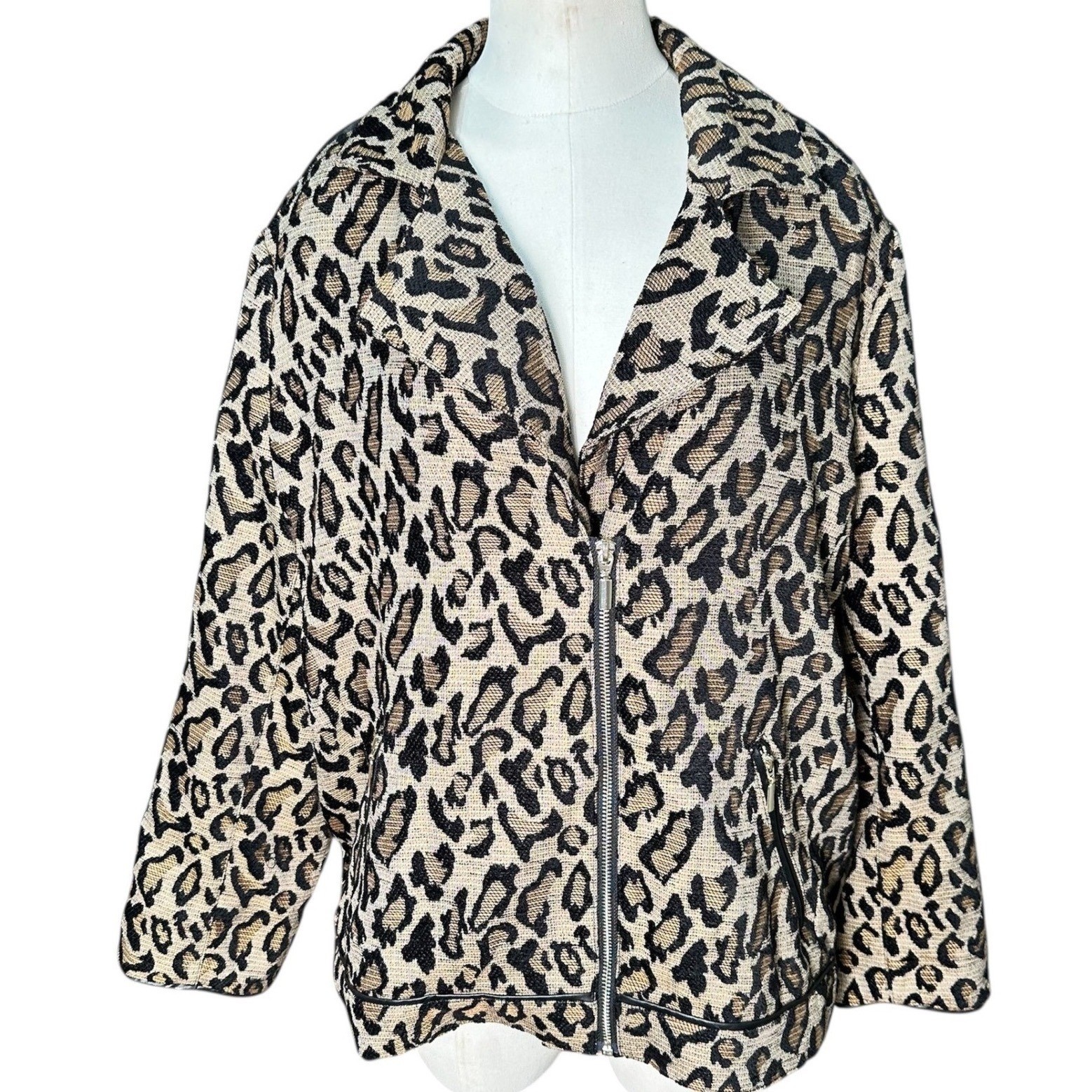 Chico's Leopard Print Moto Jacket Women 3P Brown Tan Zip Front Faux Leather Trim