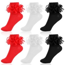 Bremorou 3 Pairs Women's Big Ruffle Socks Double One Size, White, Black, Red