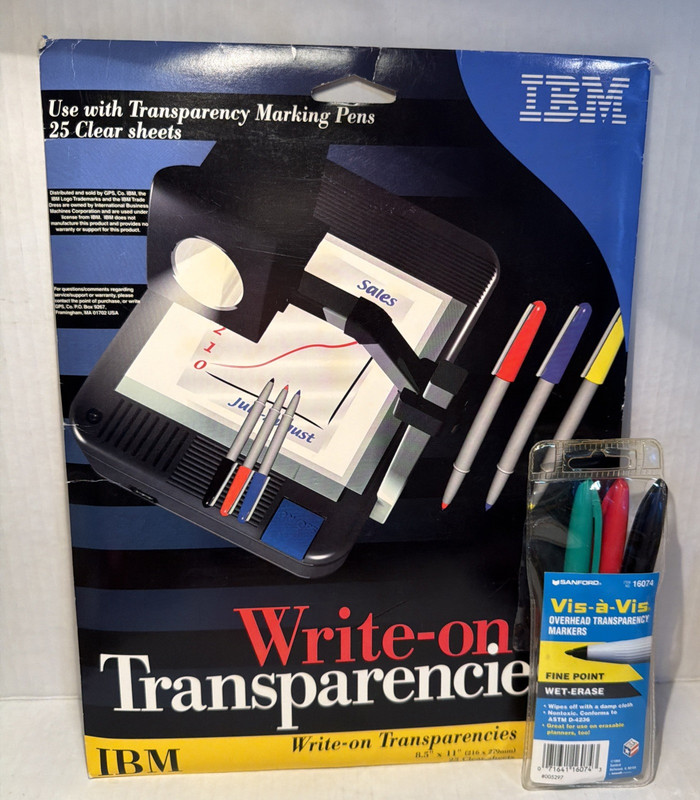 Vintage IBM Write-On Transparency Film Sheets Package Open 24 sheets + markers