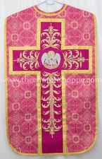 Metallic Dark Rose Roman Chasuble Fiddleback Vestment 5pc set,PELICAN embroidery