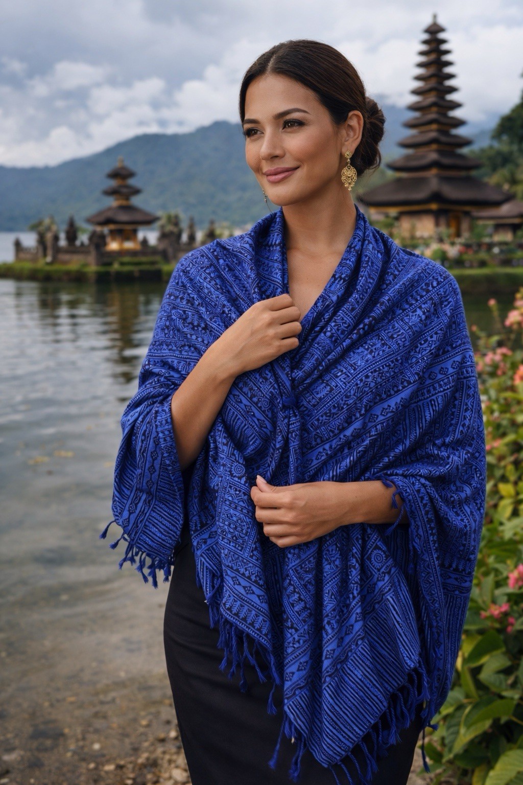 Indigo Blue Patterned Shawl Throw Wrap Ethnic Pri… - image 1