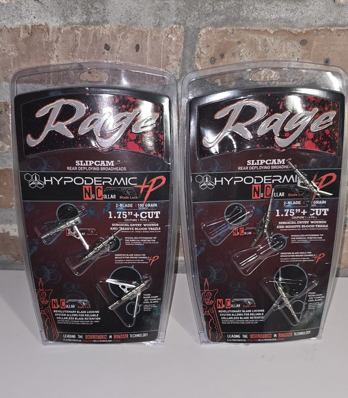TWO Rage Hypodermic No Collar 100 Grain Rear Deploying Broadheads 1.75 R38300 