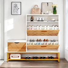 Large Shoe Cabinet with 2 Flip Drawer Hidden Storage Bench Organizer or Entryway