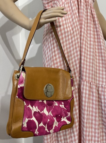 KATE SPADE Shoulder Bag ~ Brown with Pink Flower Leather + Cotton - Picture 2 of 10