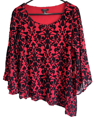 Alfani Velvet Burnout Top Women Size M Red Black Asymmetric Sheer Flare Sleeve
