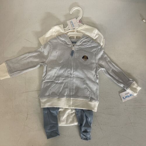 Neuf avec étiquettes combinaison et pantalon à capuche Carters bébé garçons 3 pièces blanc bleu 9M - Photo 1 sur 3