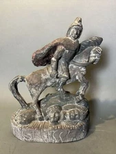 Primitive Antique Country Folk Art Carved Wooden Statue Warrior on Horseback