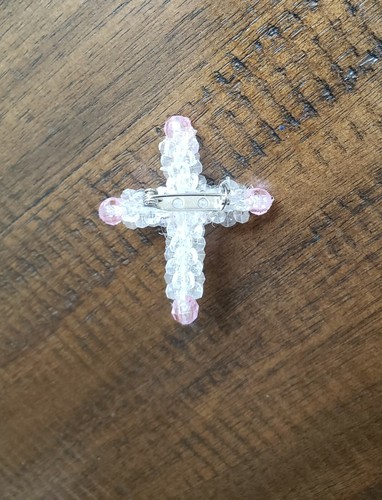 HAND MADE CRYSTAL CLEAR BEAD CROSS Pin Brooch Pink ROSE - NEW Vintage - Picture 5 of 8