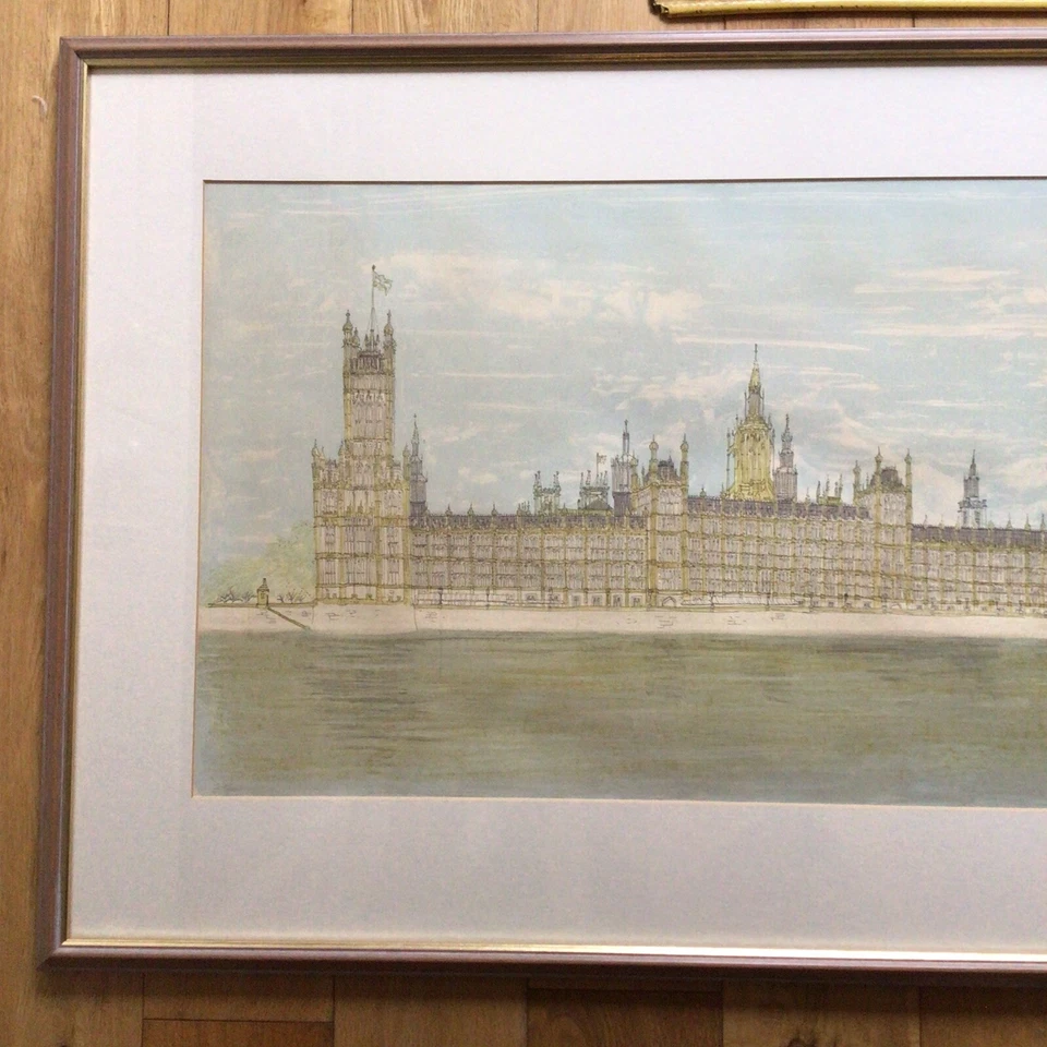 Large Vintage Framed Pen & Ink Drawing Of The Houses Or Parliament London - Image 2 of 4